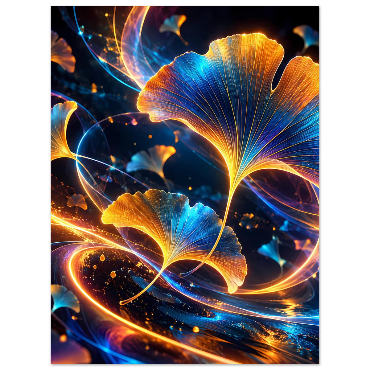 Poster mit leuchtenden Ginkgo-Blättern in Blau und Gold, geschwungene Lichtspuren, Hochformat