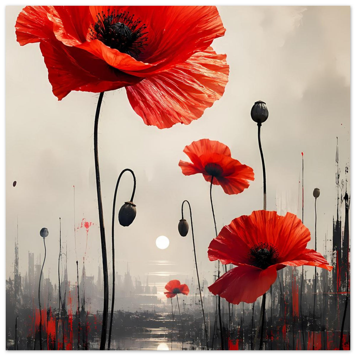 Abstraktes Blumenposter: rote Mohnblüten, schwarze Stiele, zentraler Wasser-/Nebel-Look