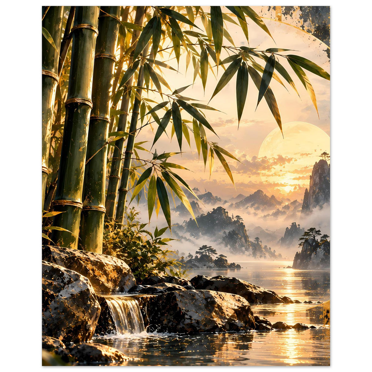 Kunstposter, vertikal: Bambus links, Wasserfall auf Steinen, Sonnenuntergang