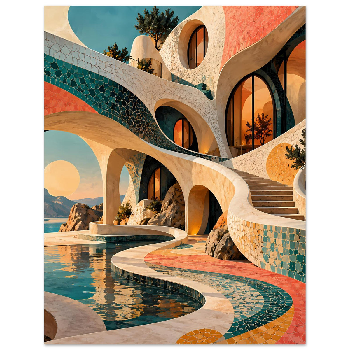 Kunstposter mit Mosaikarkaden über Pool, Türkis- und Korallenakzente