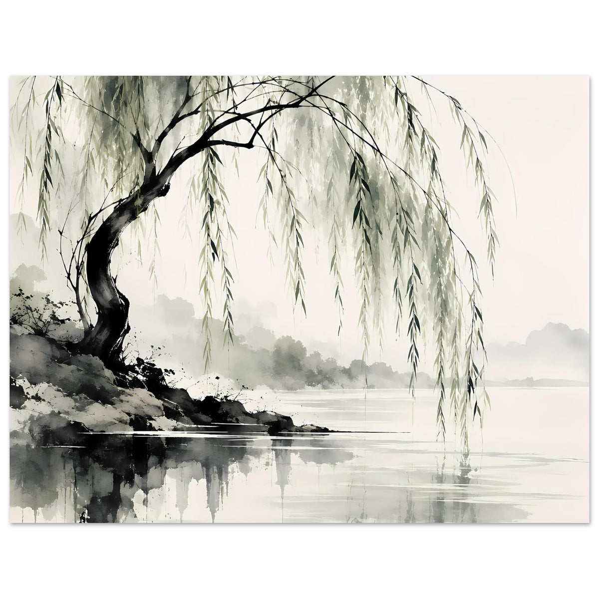 Naturposter mit Weidenbaum: große Baumkrone und Spiegelung im Wasser, aquarellartig