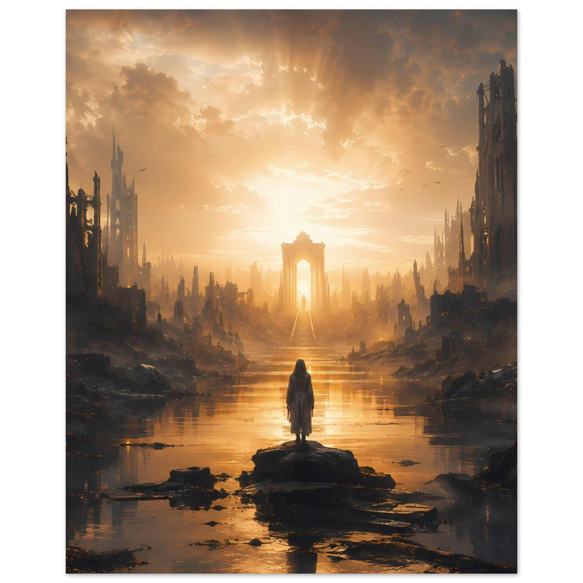 Wandposter mit düsterer Skyline, Fluss mit Felsbrocken und einsamer Gestalt auf Insel