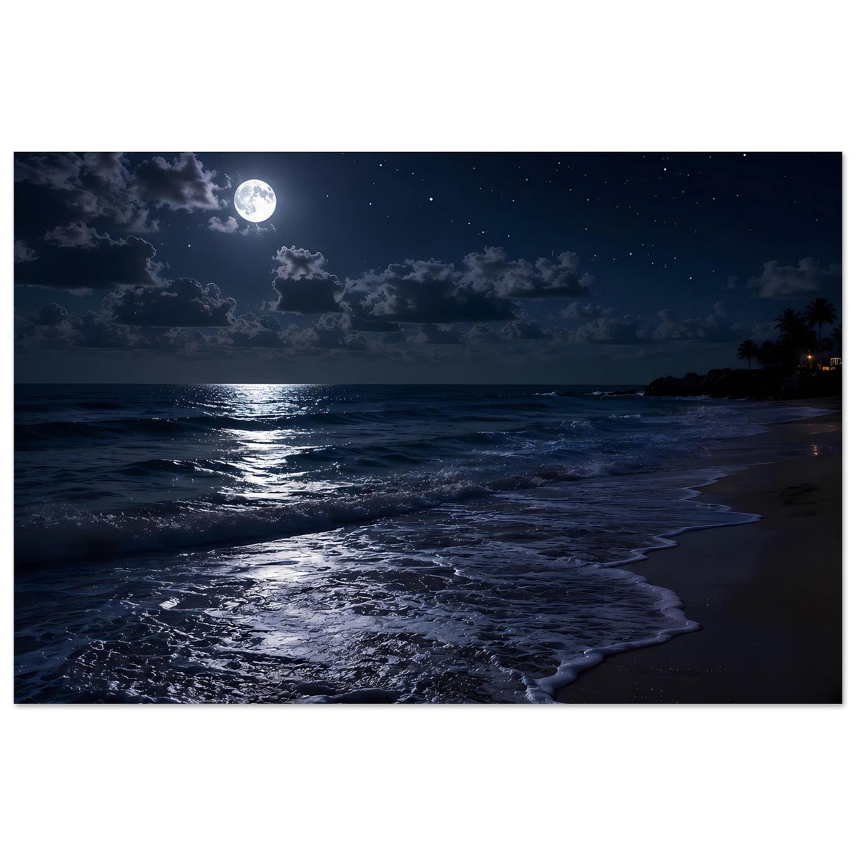 Querformat-Poster mit mondbeschienenem Strand und Meereswellen, dunkler Sternenhimmel.