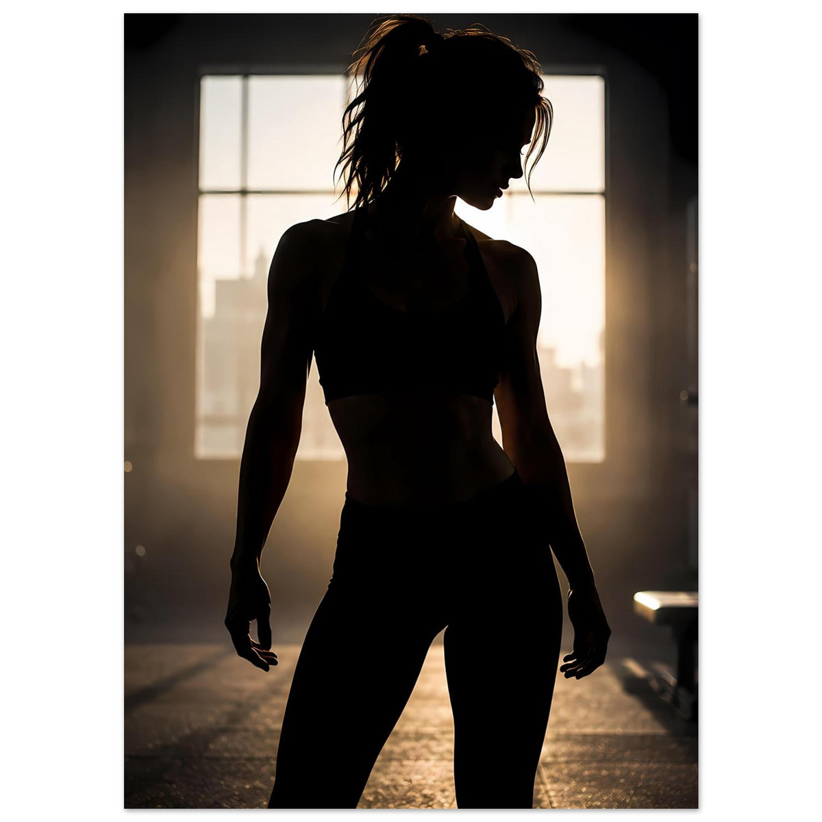 Fitness-Poster: Sportlerin-Silhouette mit erhobenem Kinn und Sporttop
