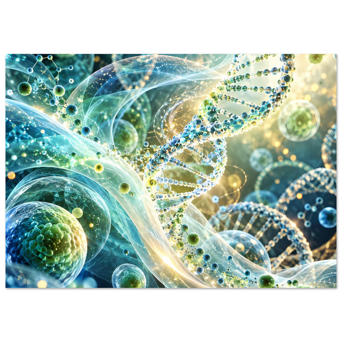Leuchtendes DNA-Doppelhelix-Biotech-Poster, großes Motiv mit blauen und grünen Spiralen