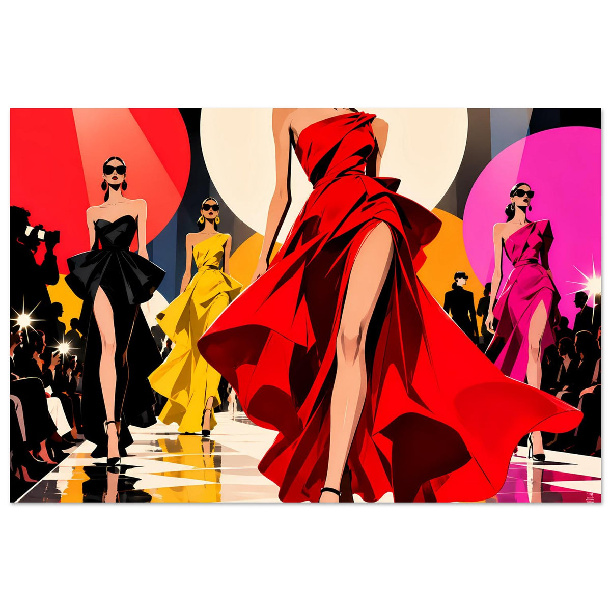 Modeposter: Frau in rotem Kleid mit weitem Saum, schwarze Schuhe, zusätzliche Models.