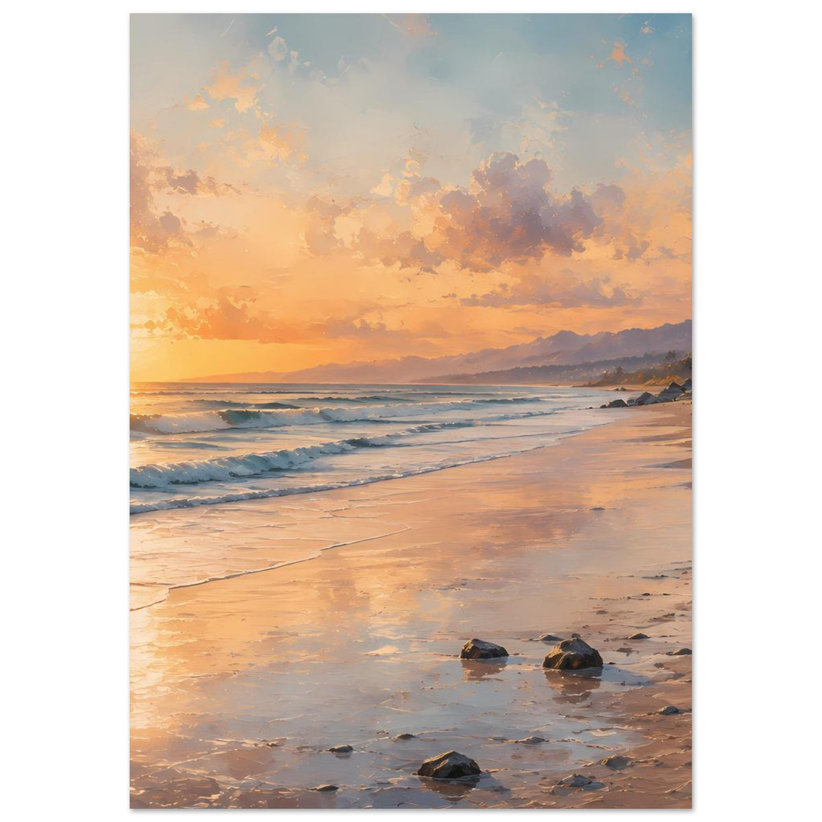 Strandposter auf mattem Papier, Hochkant: goldene Sonne am Horizont, ruhiges Meer, Strandlinie.