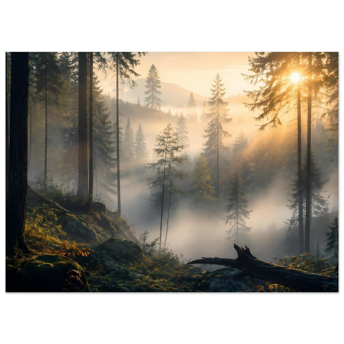 Horizontales Waldposter mit Sonnenstrahlen durch Nebel, Tannenwald und dunkler Baumstamm