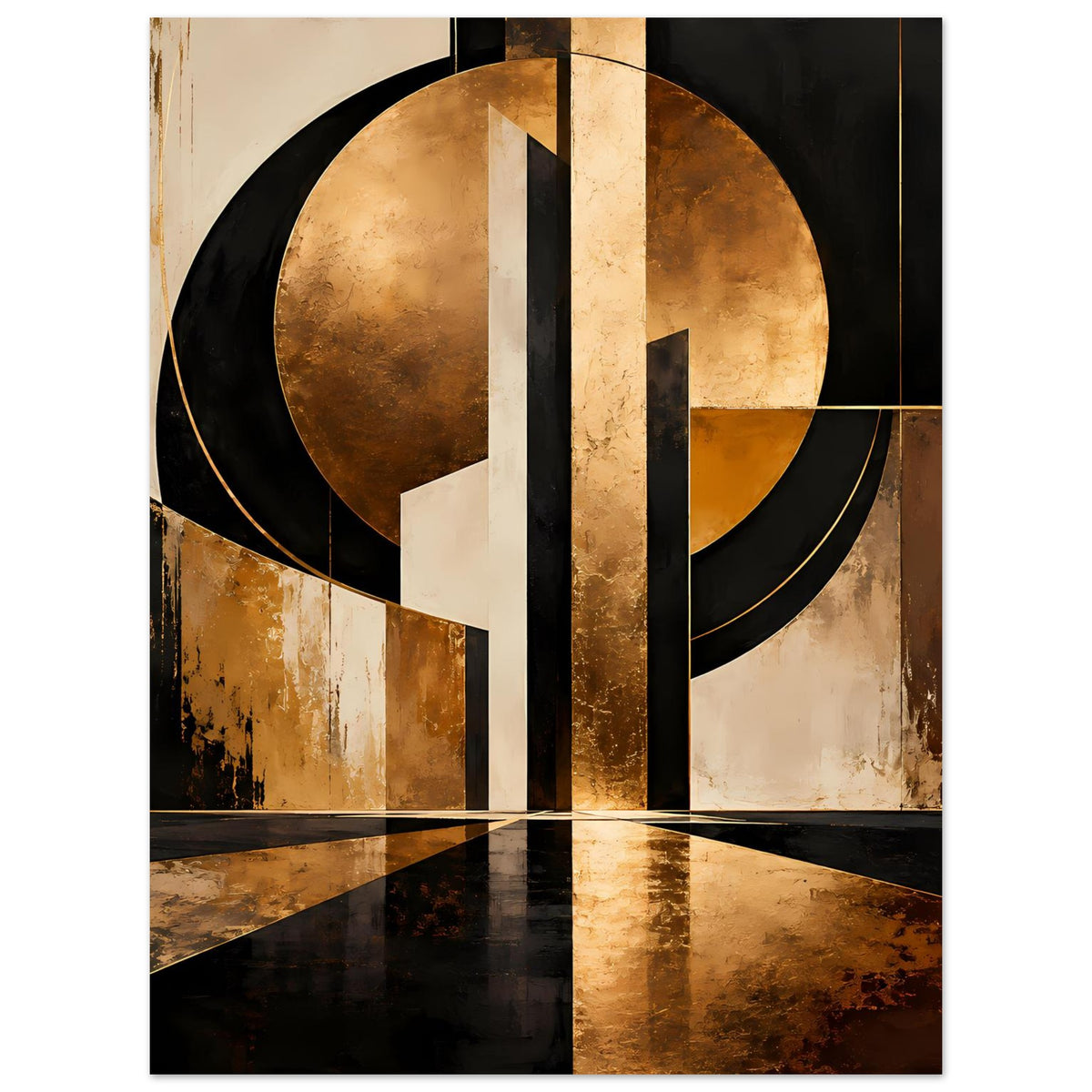 Abstraktes Poster in Gold und Schwarz mit großen Kreisen, Balken und diagonalen Segmenten