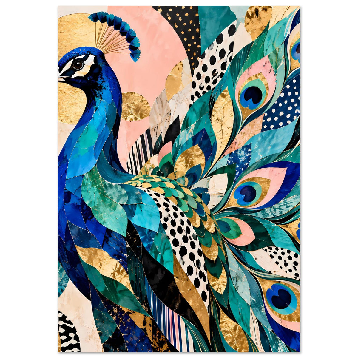 Pfau-Kunstposter im Hochformat mit blauem Pfau, goldenen und grünen Mustern