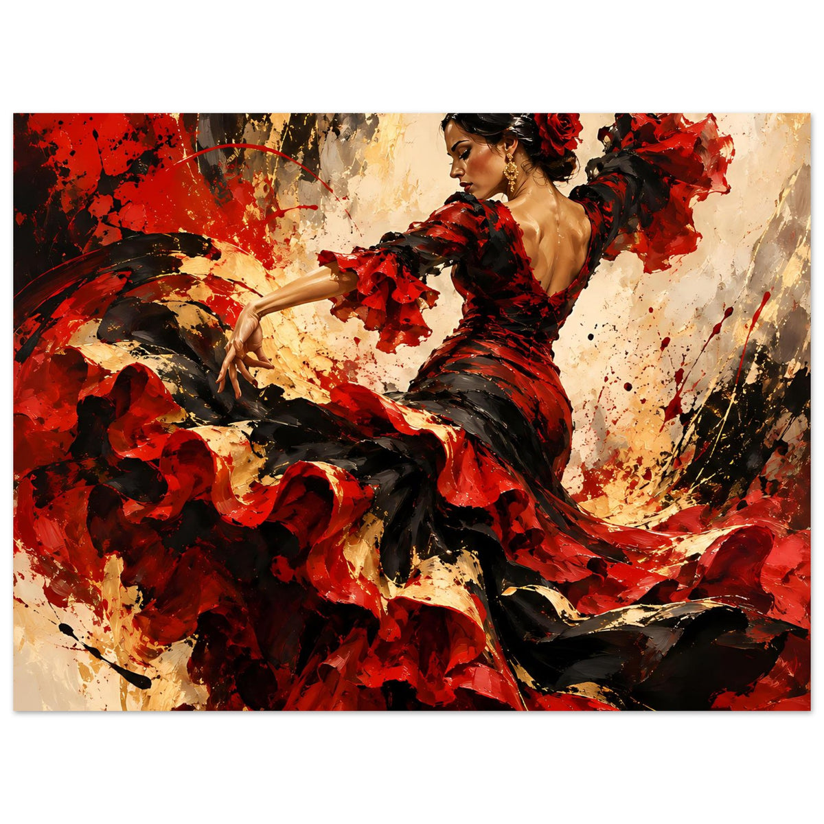 Poster mit Flamenco-Tänzerin in Rot und Schwarz, Kunstmotiv mit Farbspritzern