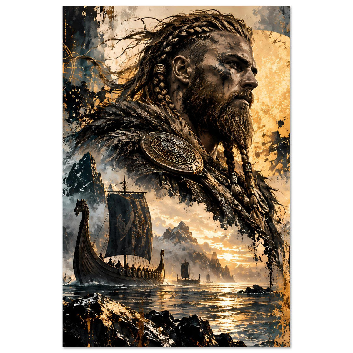 Poster im Hochformat: Viking-Krieger und Schild, Langboot am Horizont, goldene Dämmerung