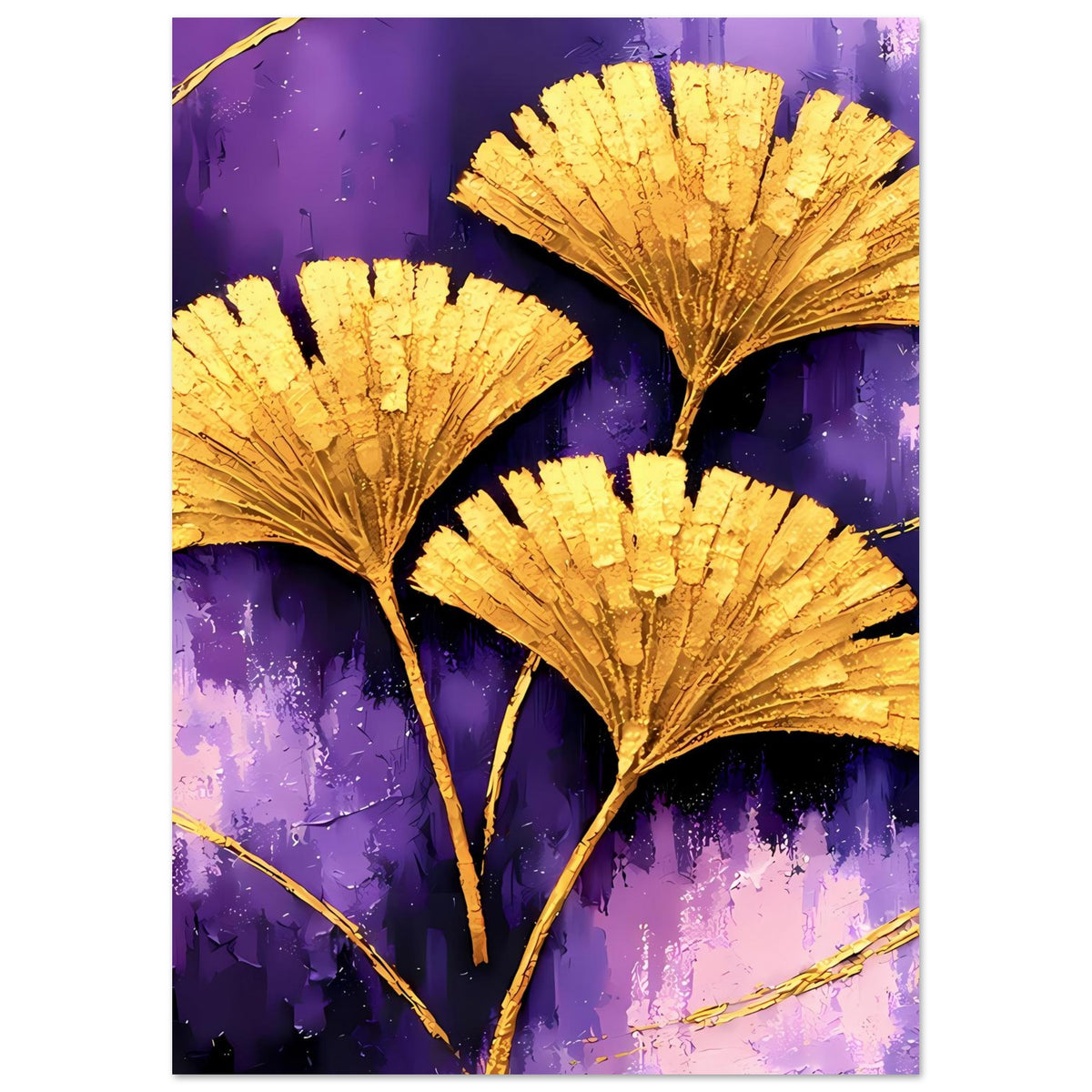 Poster mit drei goldenen Ginkgo-Blättern auf violettem Kunsthintergrund