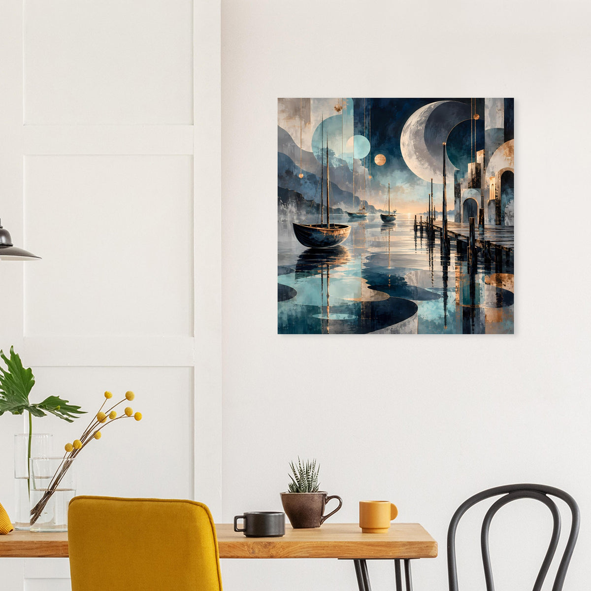 Maritimes Nachtposter über Hafen bei Mond: Boote, Pier und reflektierendes Wasser