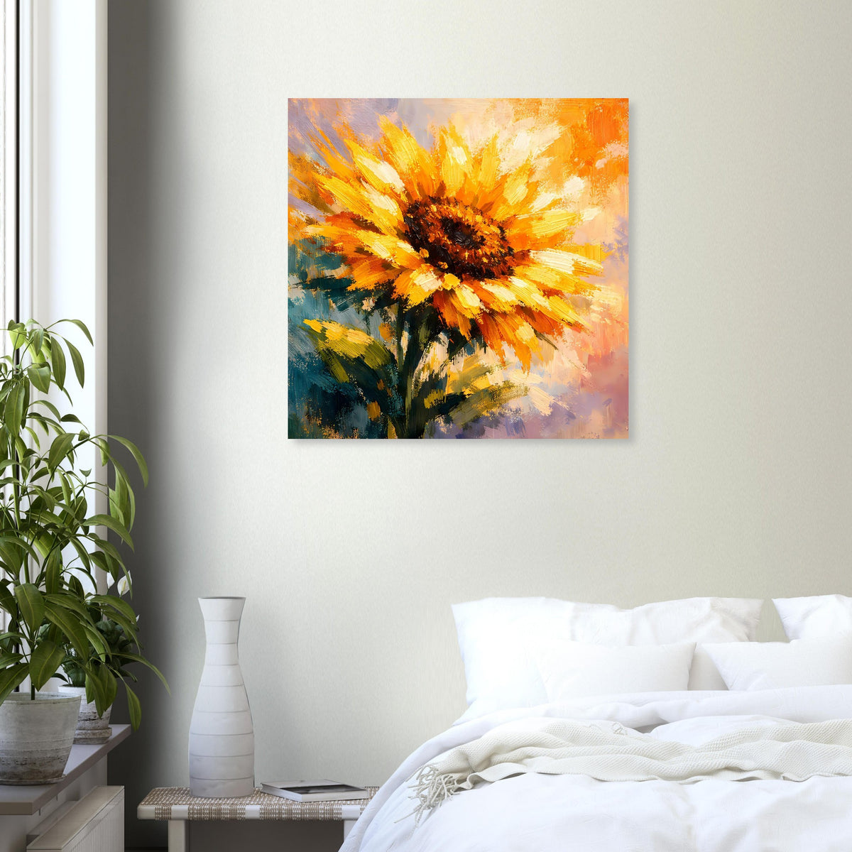 Sonnenblumen-Poster mit gelber Blüte und dunklem Zentrum, abstrakte Farben in Orange und Blau.