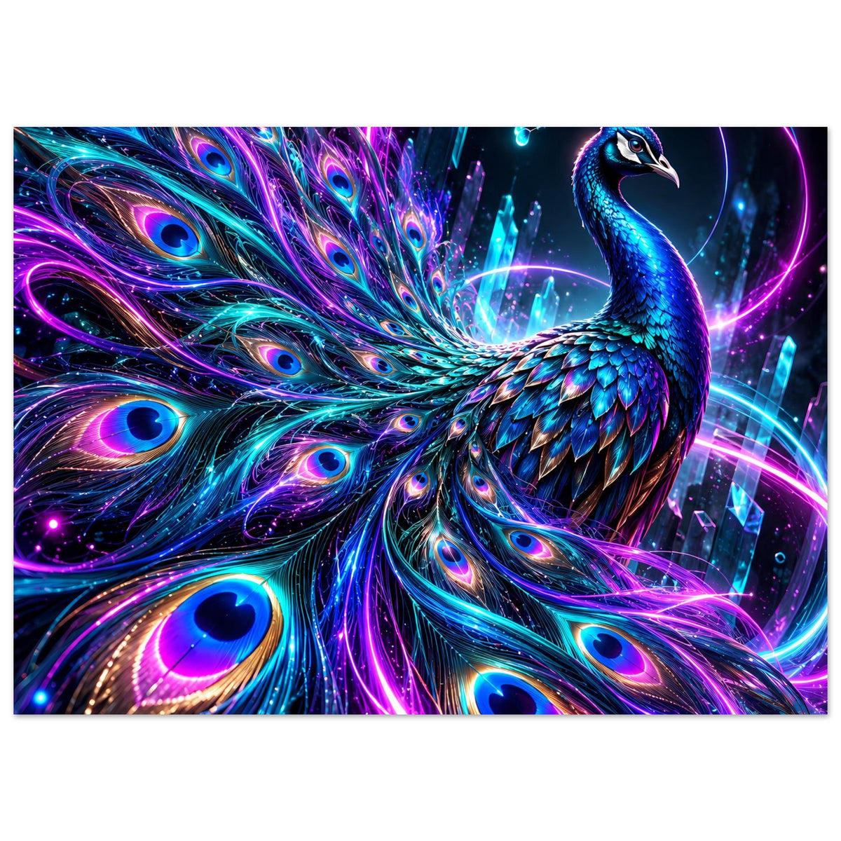 Neon-Pfauenposter im Querformat mit blauem Pfau und funkelnden Pfauenfedern