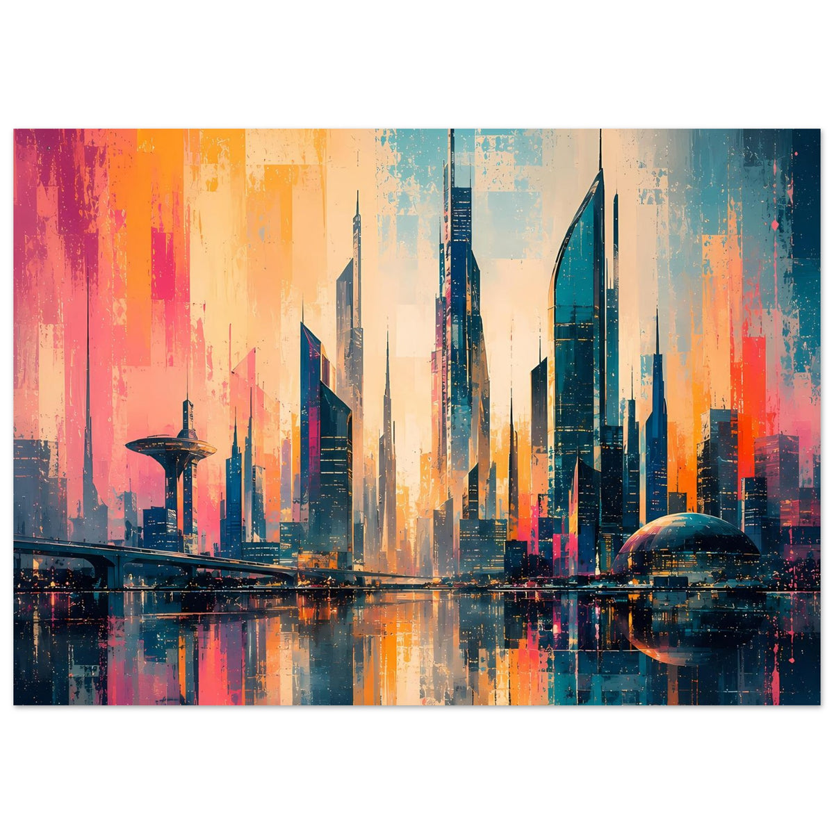 Horizontales Stadtposter mit Hochhäusern, futuristischen Kuppeln und Reflexionen im Wasser
