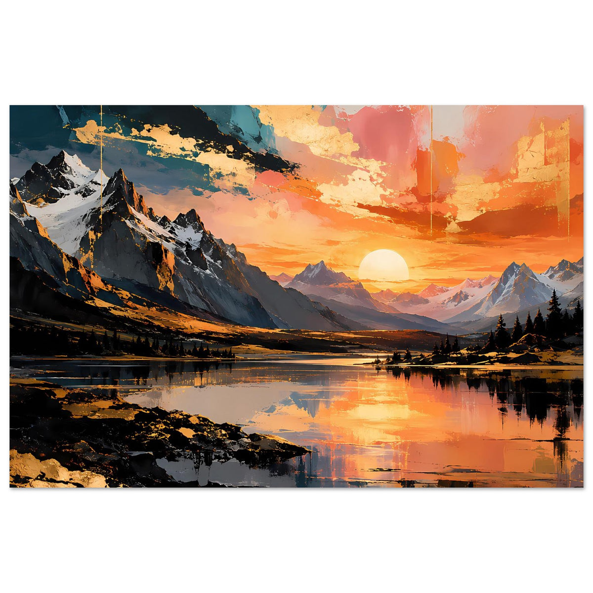 Poster mit Sonnenuntergang über Bergen, Seeufer und goldoranger Wolkenstimmung.