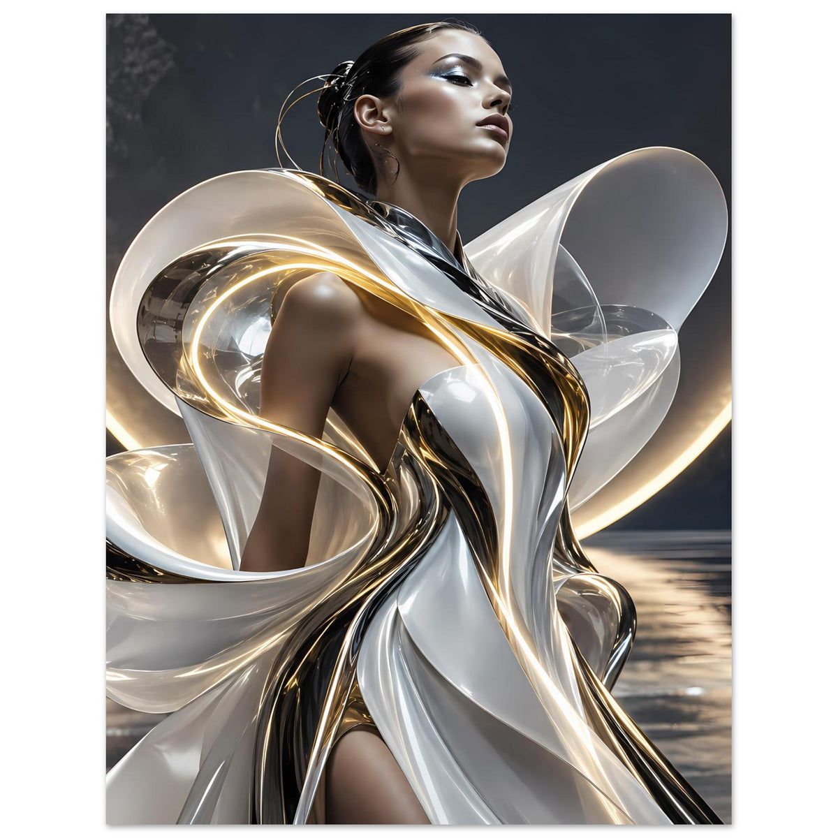 Abstraktes Poster mit silbernen und goldenen Metallwirbeln, weibliche Figur und Flügelformen