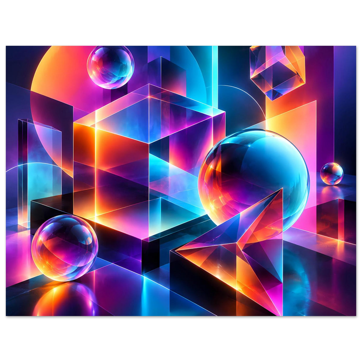 Neon-Geometrie-Poster im Querformat: große Glasball-Kugel, 3D-Blöcke und violette Farbflächen