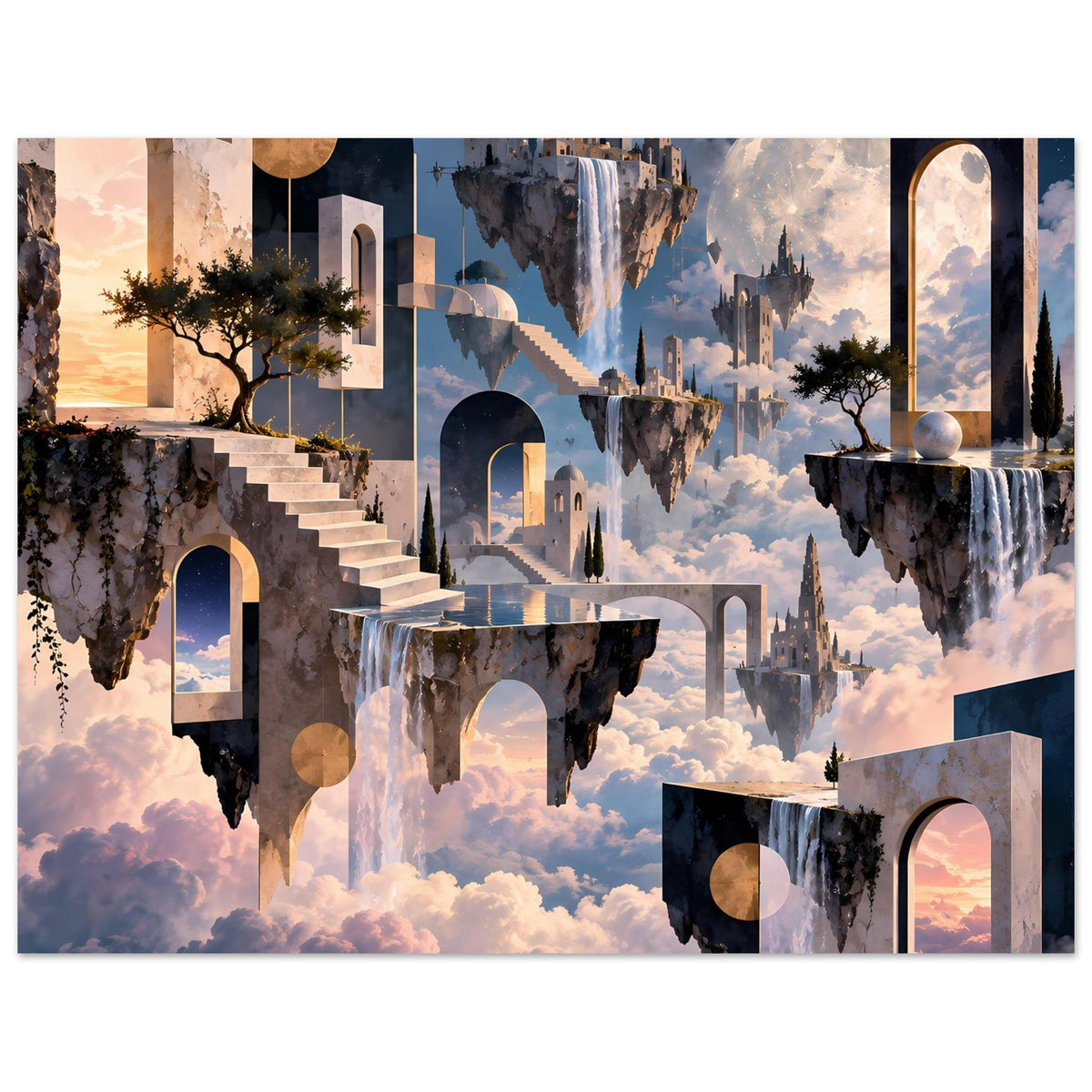 Surreales Poster mit schwebenden Inseln, Bögen, hellblauem Himmel und Wolkengebirge