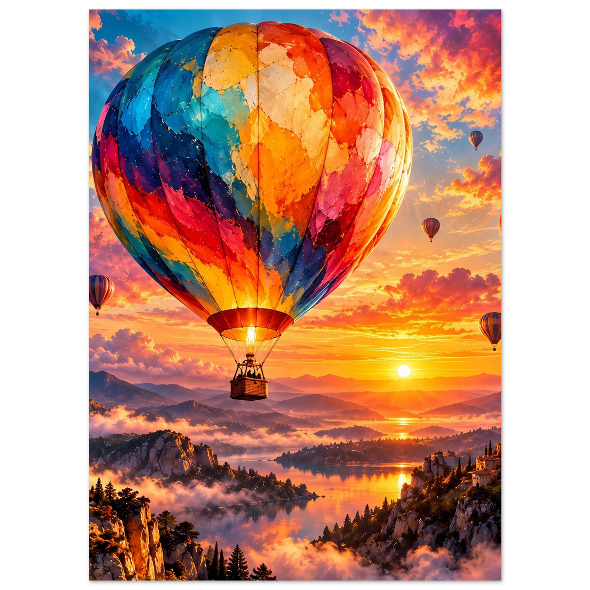 Poster mit großem Heißluftballon über Talszene, Sonne am Horizont
