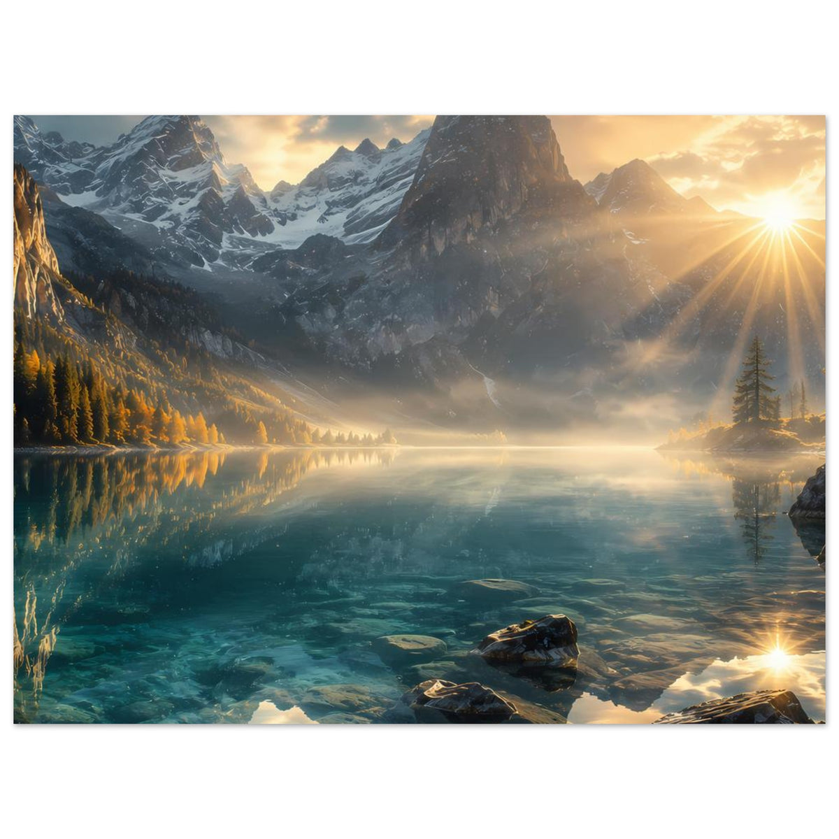 Landschaftsposter mit Bergsee, goldenen Strahlen, Nebel im Tal, Tannen am Ufer und Felsen