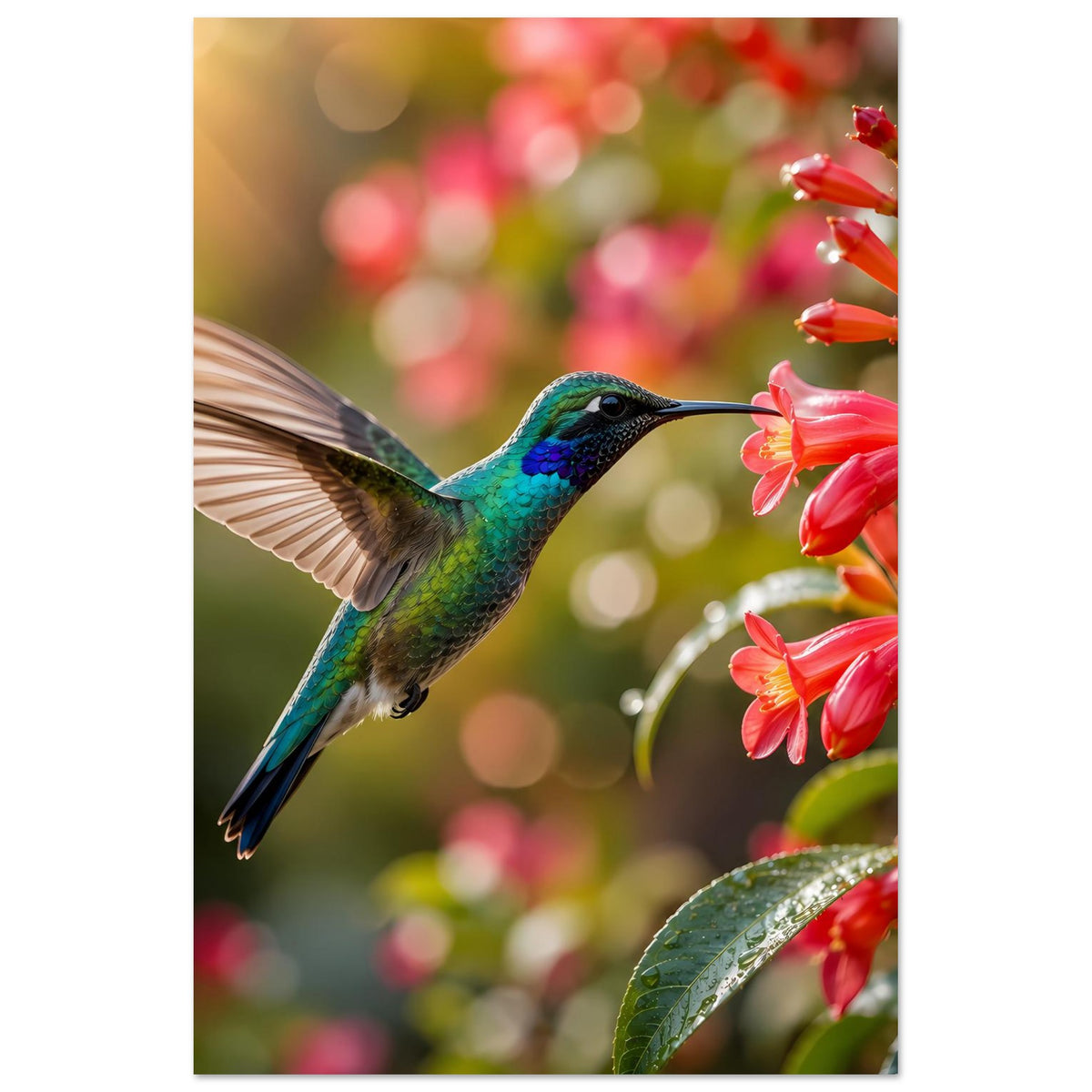 Hochformatiges Poster mit Kolibri in Grünblau und roten Blüten, zentrierte Szene