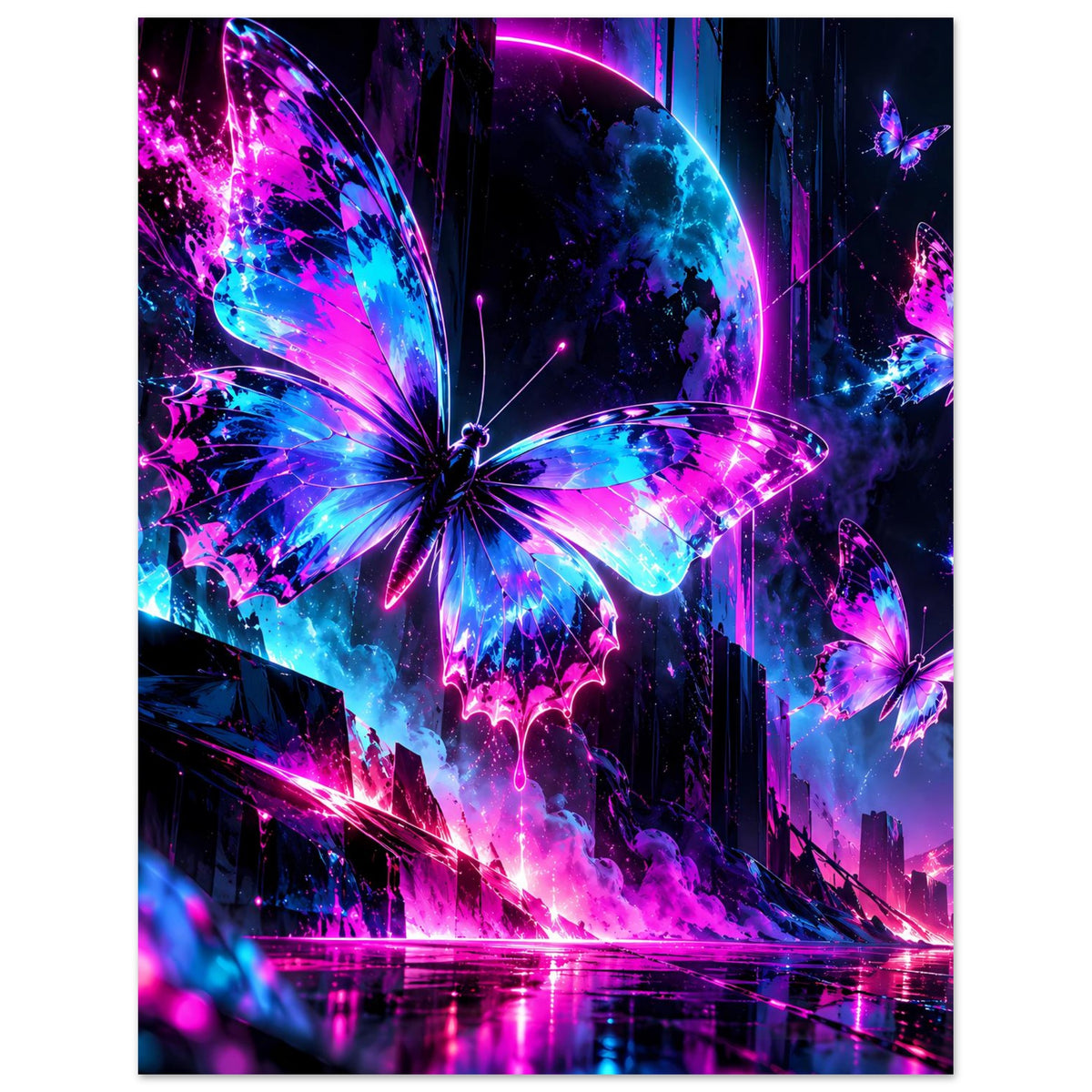 Neon-Schmetterlingsposter, vertikal: großer Schmetterling, Leuchtfarben und mehrere kleine Falter