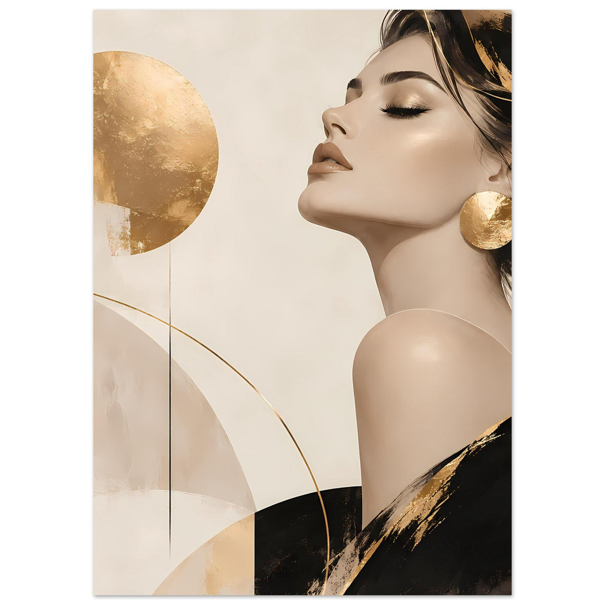 Poster mit Porträt einer Frau, goldene Kreisform, goldene Ohrringe und schwarze Pinselspuren