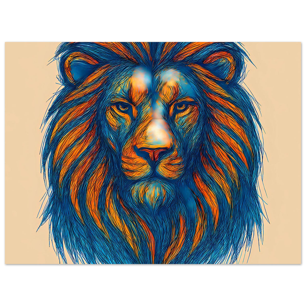 Löwen-Poster Pop Art, querformatig; Nahaufnahme des Löwenkopfs in Blau und Orange