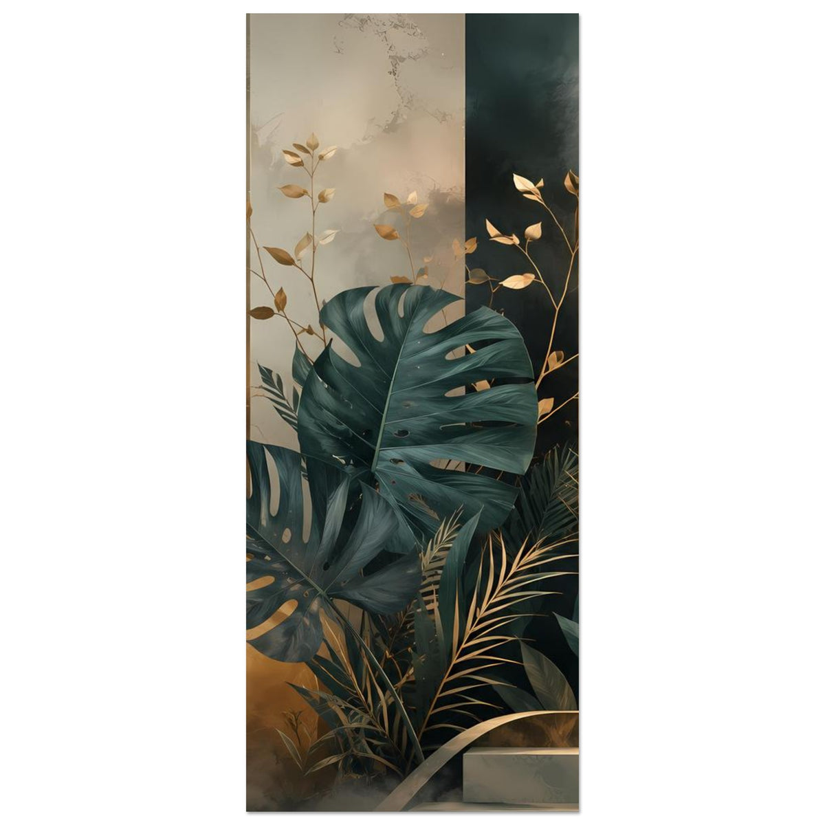 Vertikales Tropenposter mit Monstera-Blättern und Palmwedeln in Petrolgrün und Gold