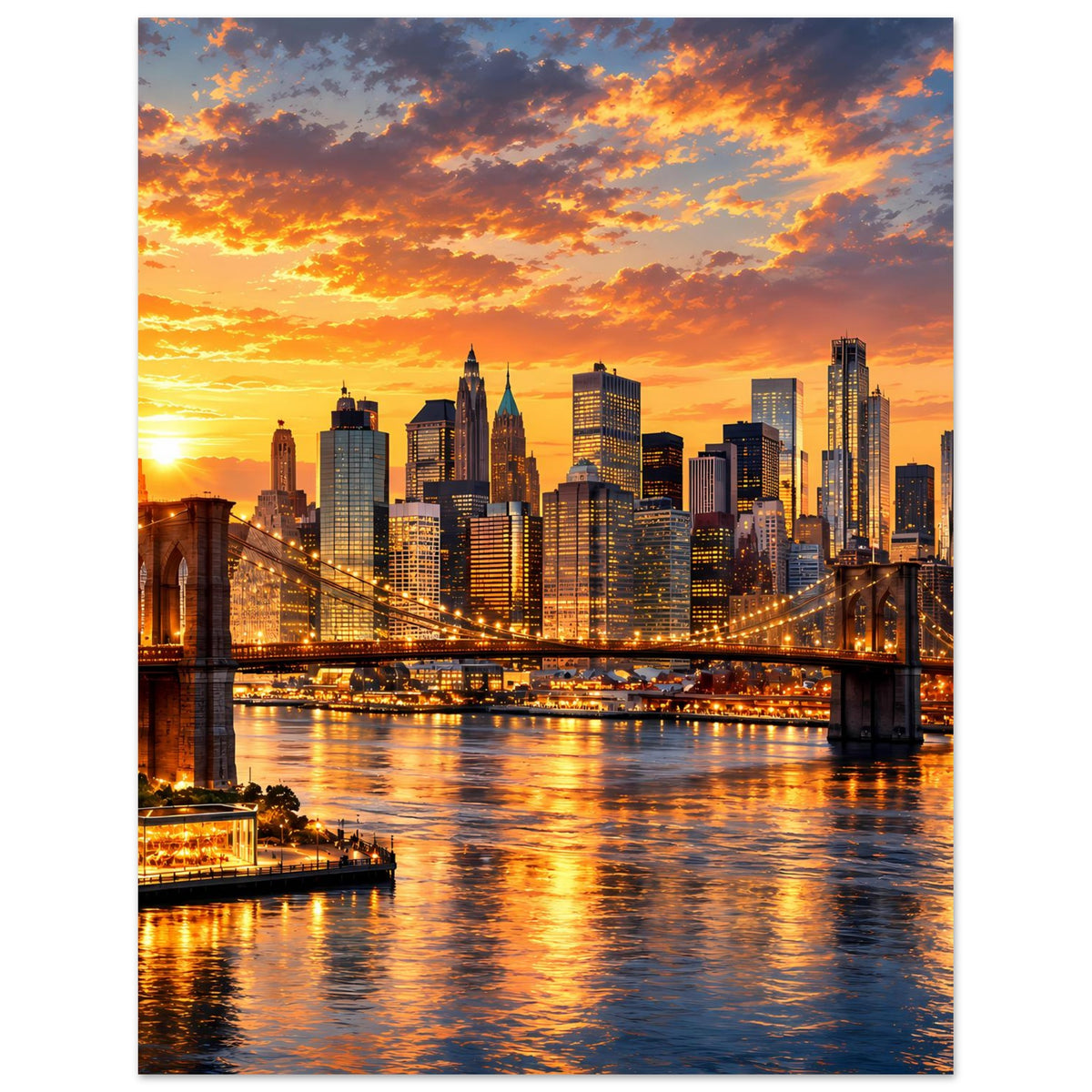 Poster mit Skyline, Hängebrücke und Sonnenuntergangsfarben am Ufer des Flusses