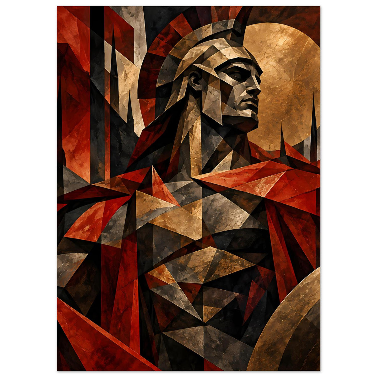Spartaner-Krieger-Poster, Figur mit Rüstungssilhouetten in Rot-, Gold- und Grauflächen