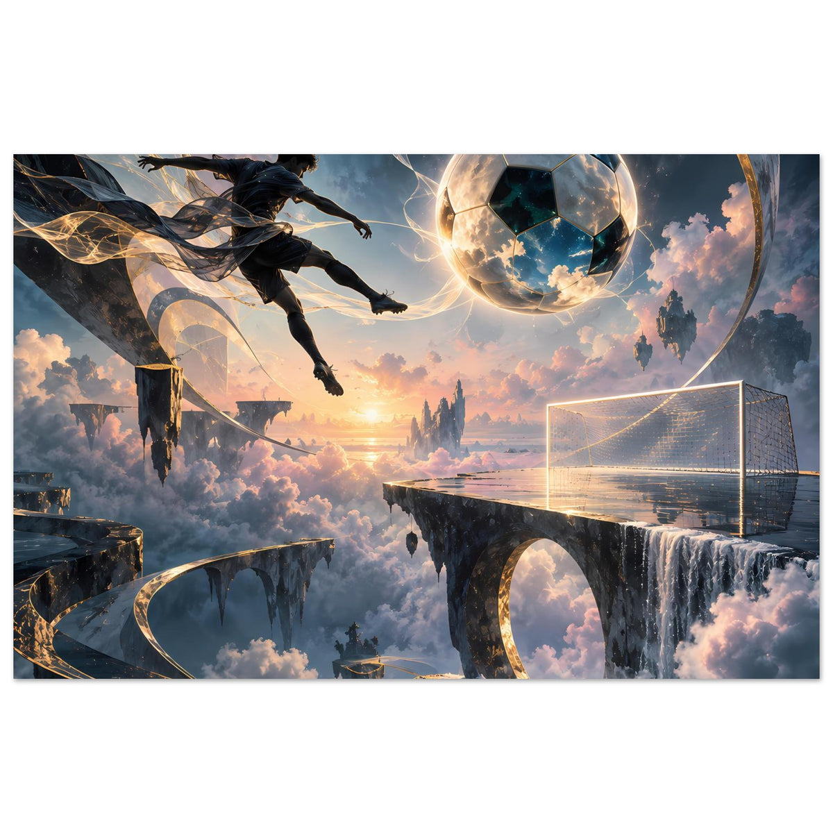 Fußballposter mit schwebendem Ball, Tor und springendem Spieler im Sci‑Fi-Wolkenmotiv
