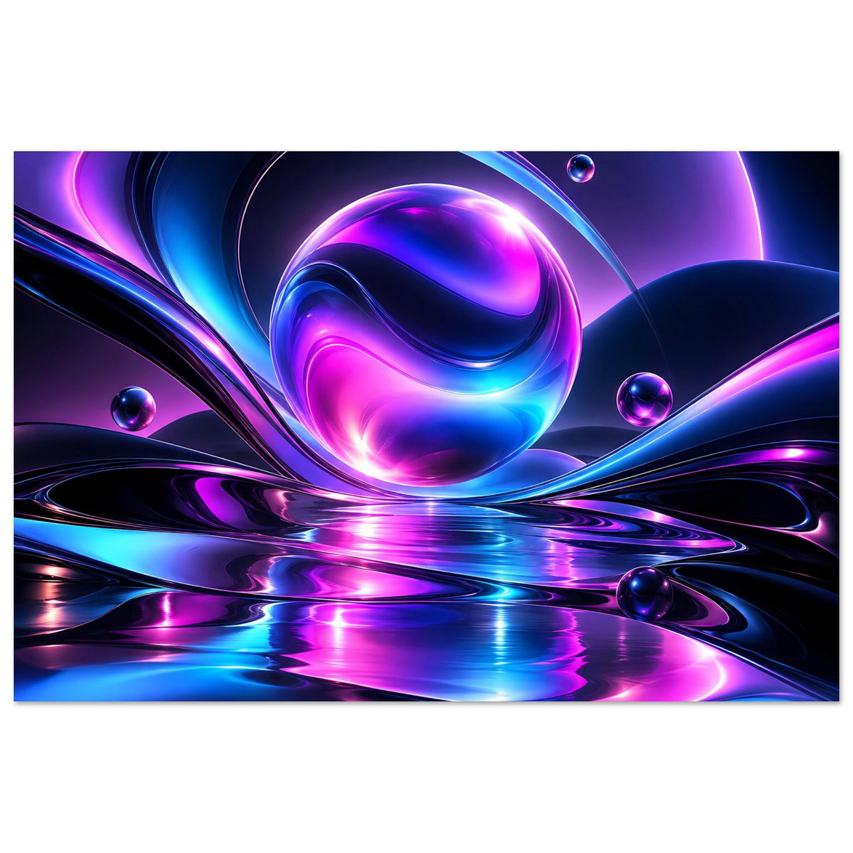 Abstraktes Neonlicht-Poster: violett-blaue Lichtformen, zentrale Kugel und reflektierende Oberfläche
