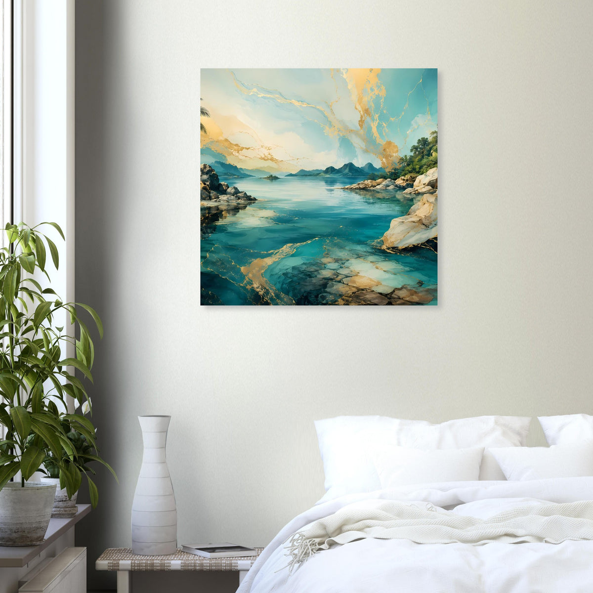 Quadratischer Wandposter mit Küstenlandschaft: türkisblaues Meer, Felsufer, goldene Wolken