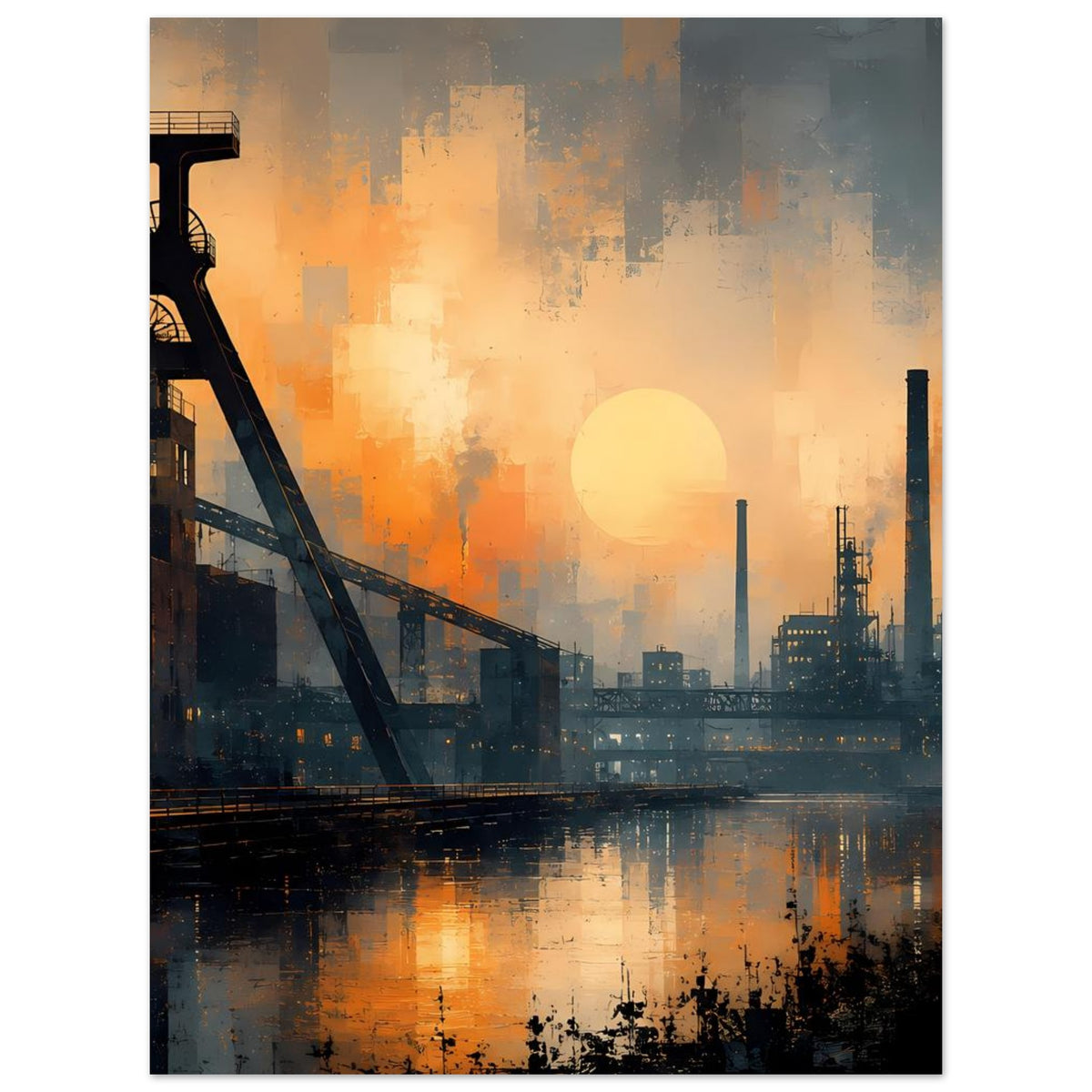 Industrie-Skyline-Poster im Dämmerlicht mit großer Sonne, Fabrikschloten und Wasserreflexionen
