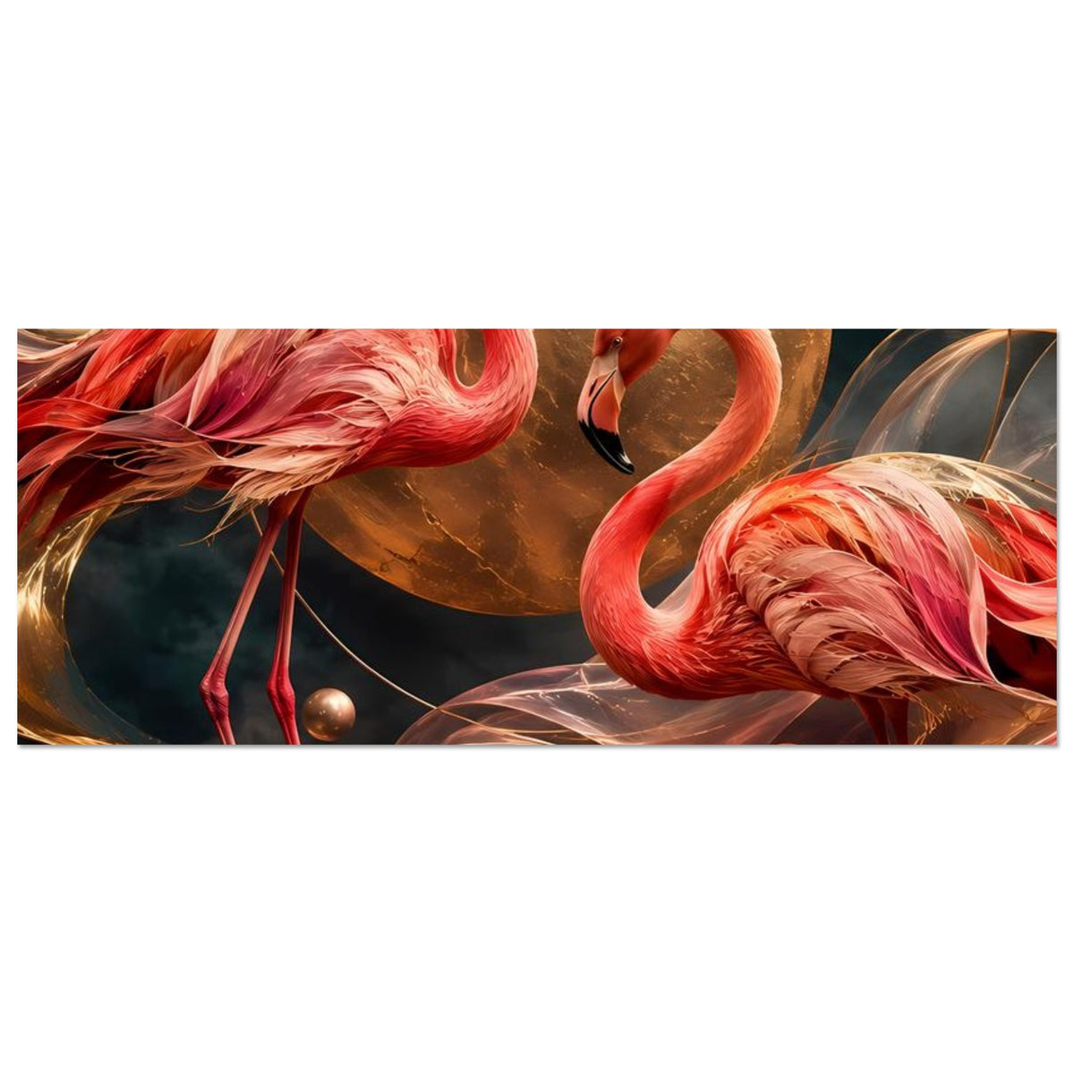 Horizontales Kunstposter mit zwei pinken Flamingos, goldene Mondkugel teilweise sichtbar
