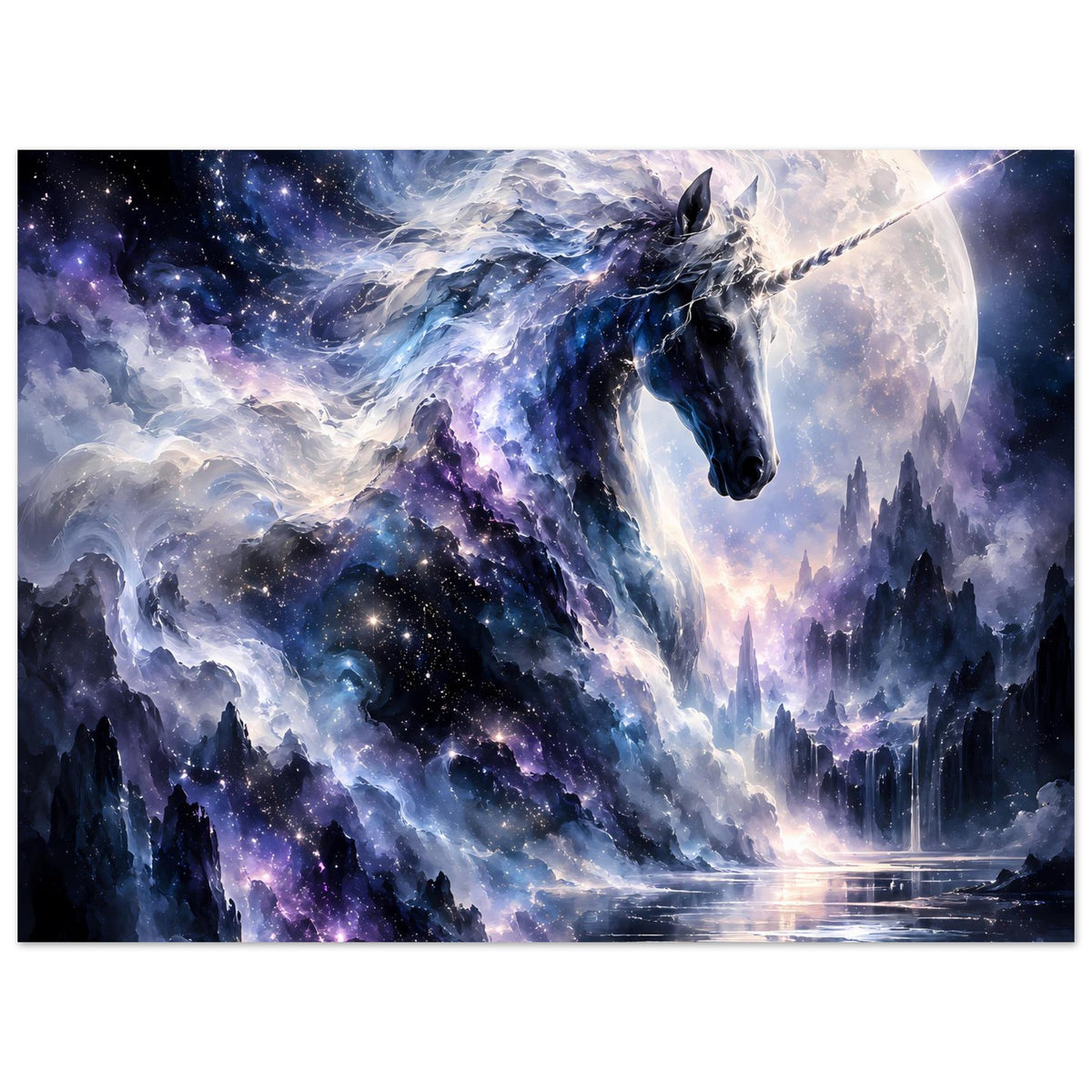 Galaktisches Einhorn-Poster, horizontal: Galaktisches Motiv mit Einhorn, Mond und Türmen