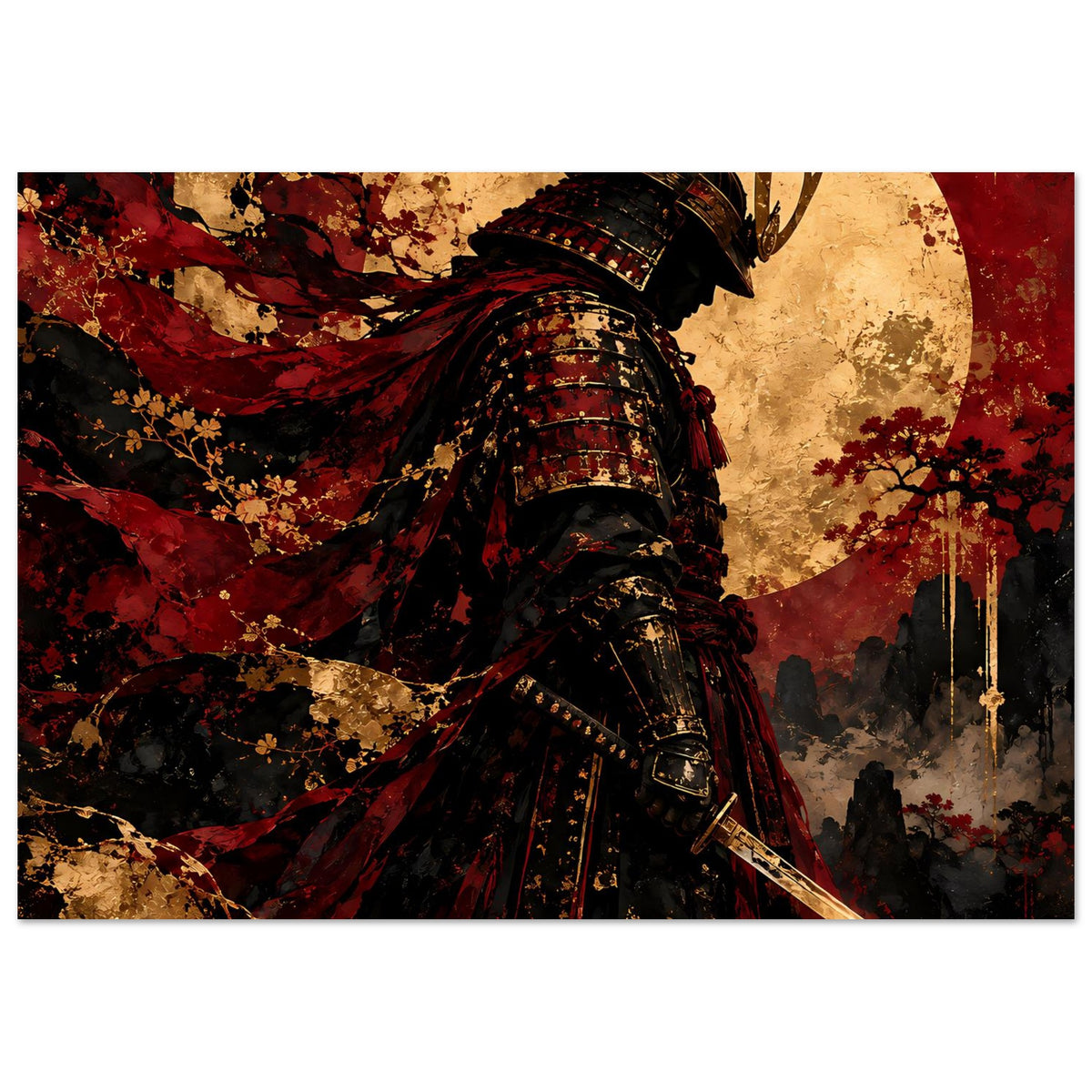Japan-Poster mit Samurai-Krieger in schwarzer Rüstung, rotem Umhang und Schwertspitze