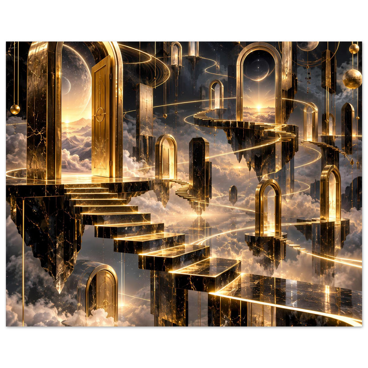 Premium-Poster (breit) mit goldenen Rundbögen, Treppe und hellen Lichtstreifen
