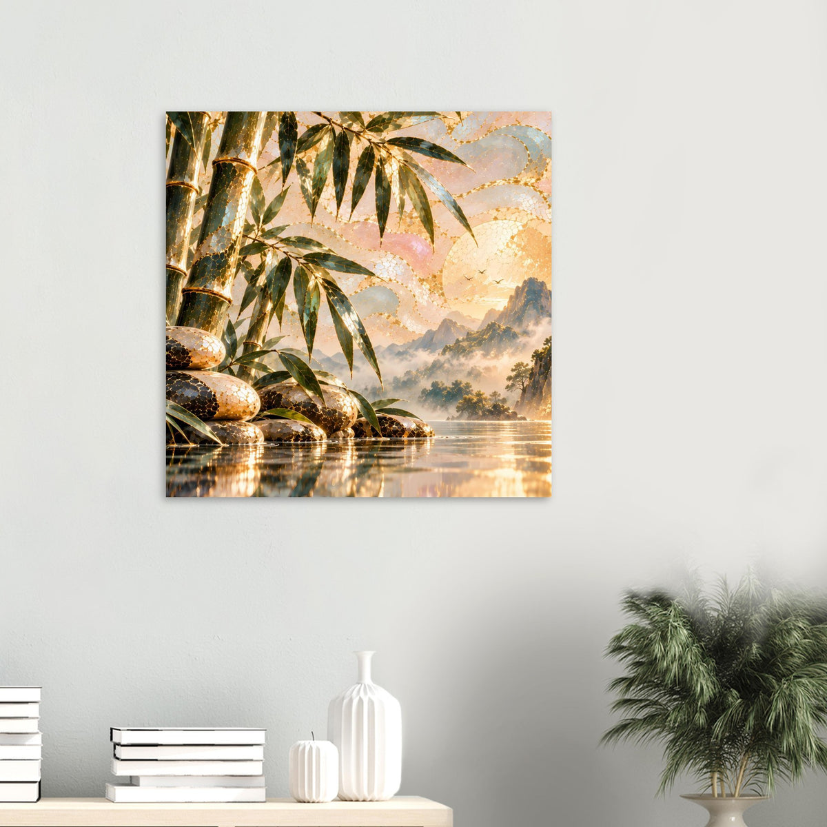 Quadratisches Poster mit goldenem Bambuswald, Wasserfall und Zen-Steinen am Fluss