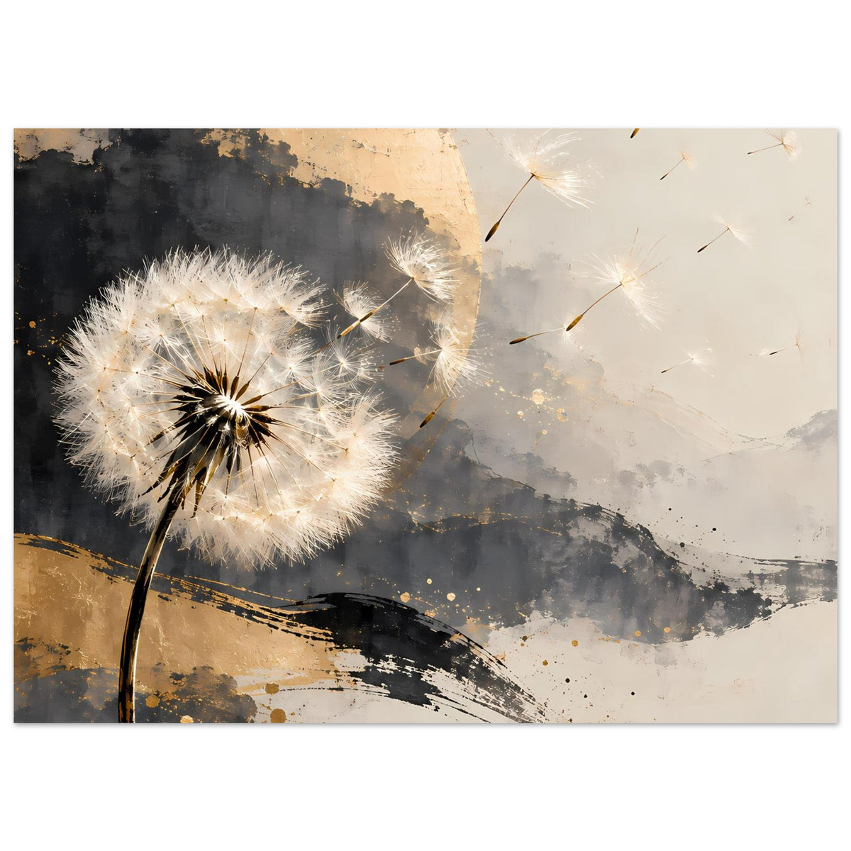 Kunstposter mit Pusteblume, gold-graue Textur, dunkler Bogen, fliegende Samen