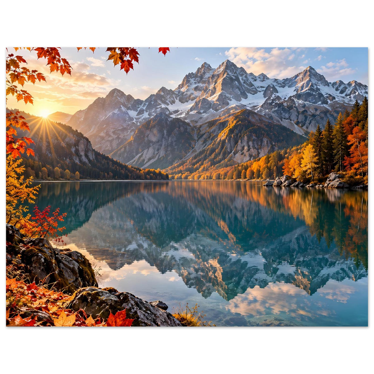 Herbstliches Panorama-Poster mit Bergen und See, Spiegelung und Sonnenstrahl links
