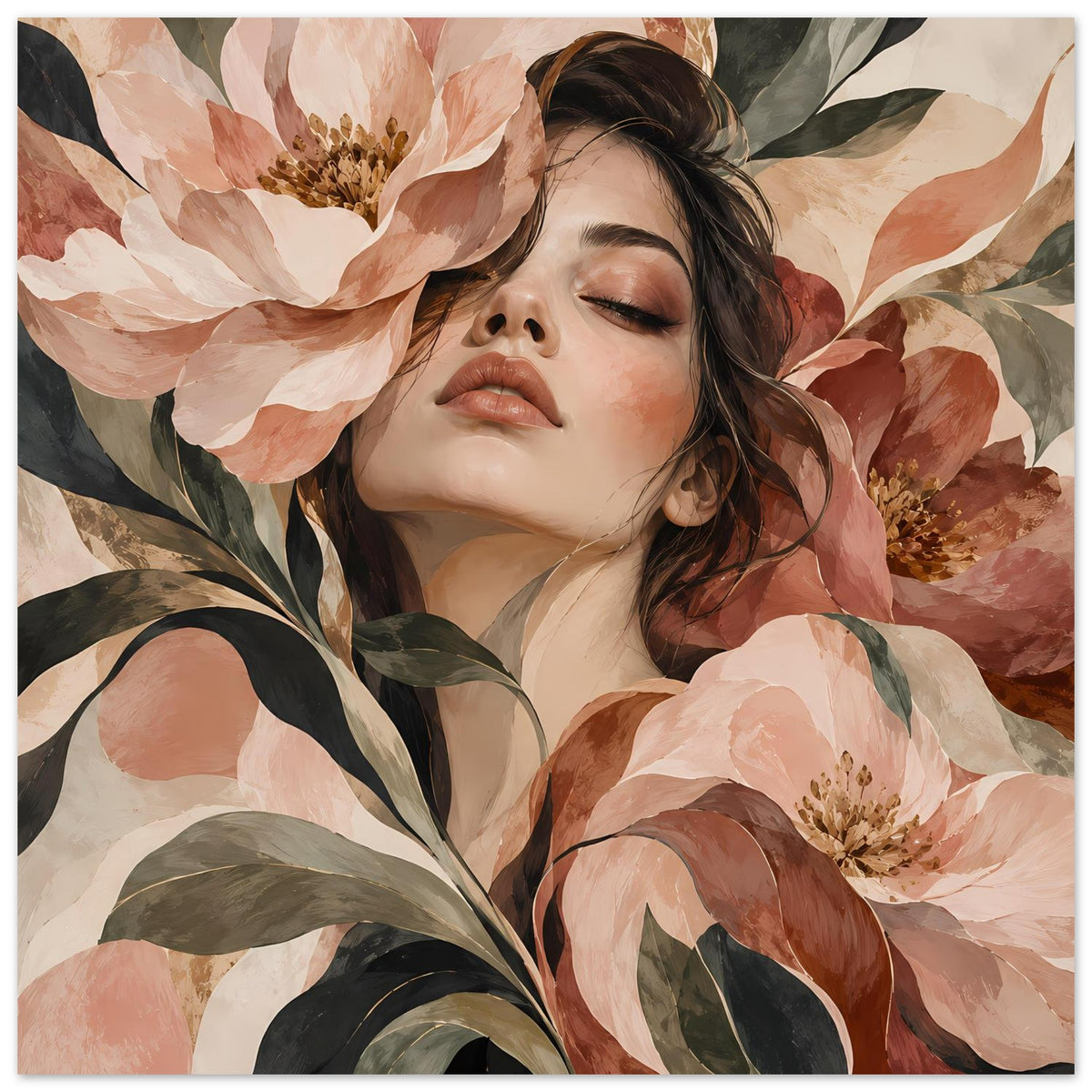Poster im Querformat mit Blumenportrait: Frauenkopf zwischen Blüten und Blättern in warmen Tönen.
