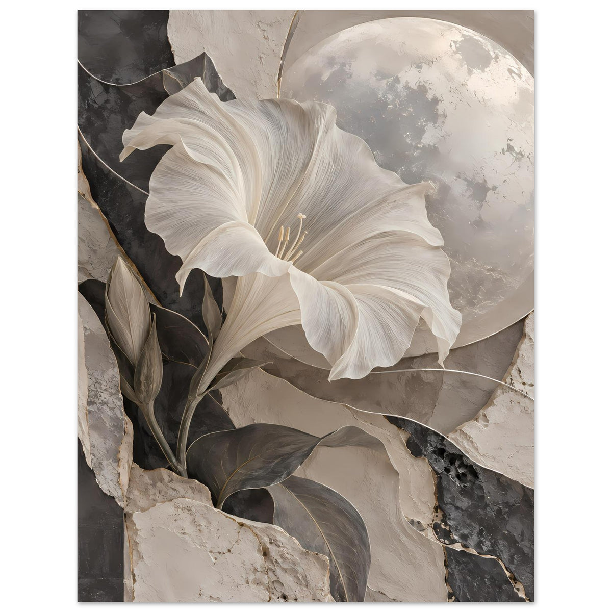 Vertikales Kunstposter mit weißer Blüte und halbkreisförmigem Mond