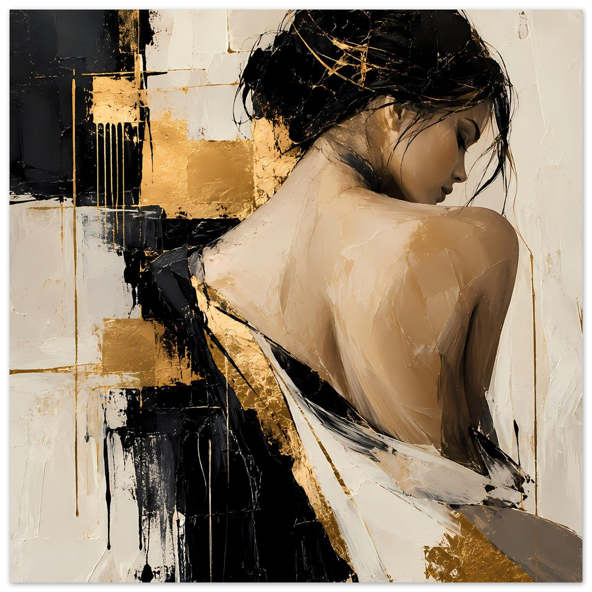 Abstraktes Damenportrait-Poster mit Aktfigur in Beige, Schwarz, Gold auf Leinwandoptik