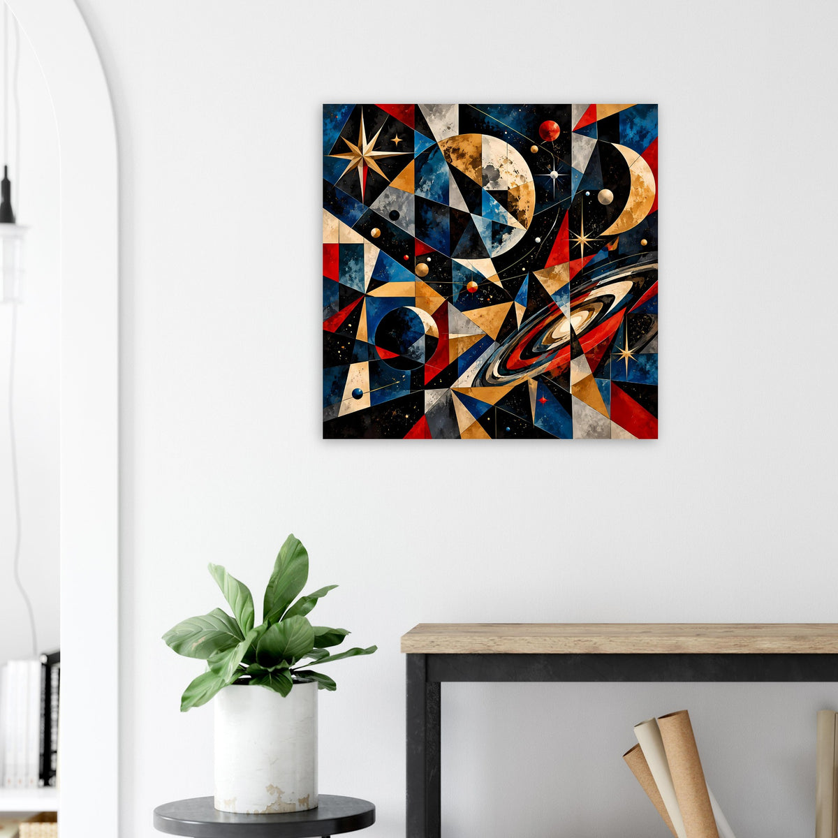 Abstraktes Weltraum-Poster mit Planeten, Sternen und abstrakten Bahnen in Blau, Rot, Gold