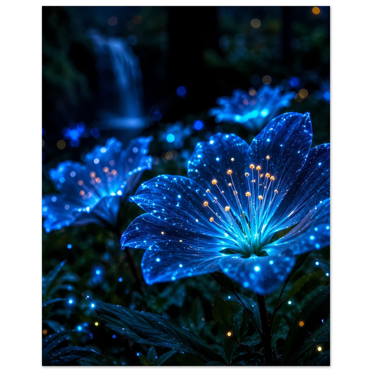 Leuchtendes blaues Blütenposter im Hochformat mit blau leuchtender Blüte und Lichtern